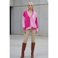 Lupinn Kadın Fuşya-Pembe Oversize Yumuşak Dokulu Rahat Kesim Düğmeli Triko Hırka - Kadın Hırka