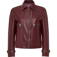 Derimod Paloma Kadın Bordo Kısa Oversize Biker Deri Ceket 25WGD5608VE