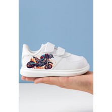 Motor Baskılı Beyaz Bantlı Çocuk Spor Ayakkabı Sneaker