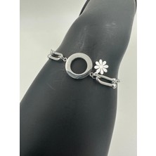 Stainless Steel Gümüş U Kilitli Büyük Halka Çiçek Desenli Çelik Bileklik