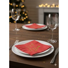 Dodomar 16'lı Yılbaşı Temalı Çift Katlı Peçete - Happy New Year Gold Varaklı Kırmızı Lüks Sofralık Peçete Seti