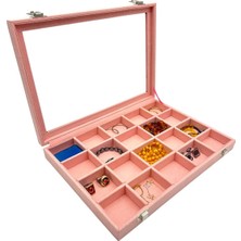 Feyza Design Şık ve Fonksiyonel Bölmeli Takı ve Aksesuar Kutusu, Pembe Cam Detaylı