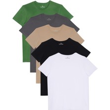 Tudors Unisex 5'li Paket Siyah-Beyaz-Füme-Vizon-Yeşil Slim Fit Dar Kesim %100 Pamuk Bisiklet Yaka Tişört