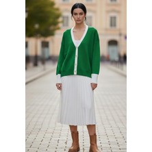 Lupinn Kadın Yeşil Beyaz Düğmeli Oversize Yumuşak Dokulu Rahat Kesim Düğmeli Triko Hırka - Kadın Hırka