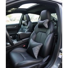 R.O RELAXOTOAKSESUAR 2'li Lüks Deri Araç Koltuk Boyun yastığı & 1 adetBel Desteği Yastığı Seti Siyah-Gri Uzun Yol Konforu