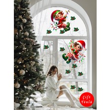 Aiki, Şeffaf Çift Yön, Neşeli Yılbaşı Elfleri ve Ökse Otları, Cam, Duvar Sticker, Elfler 30 x 70 cm