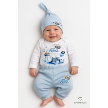 Babyden's Little Prince 3’lü Erkek Bebek Takımı – Uzun Kollu %100 Pamuk Body, Pantolon ve Şapka Seti Mavi