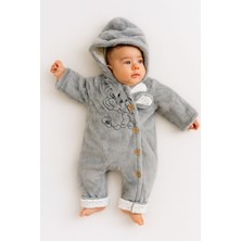 Aki Moda Kids Kız Erkek Bebek Unısex Peluş Yumuşacık Patiksiz Şapkalı Düğme Kapama Yan Tavşan Detaylı Tulum