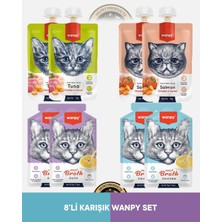 Wanpy Ton Balık - Tavuk - Havuç & Somon - Tavuk - Havuç Kedi Et Ezmesi Seti 4x90 gr + Wanpy Ördek Eti - Tavuk Eti Çorbası Kedi Ödül Maması Seti 4x50 gr  –  Kedi Ödül Maması Seti