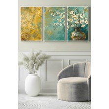 Altın Dokulu Vazo ve Beyaz Çiçekler 3’lü Kanvas Tablo