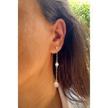 Sunshine 925 Ayar Gümüş Gold Kaplamalı , Damla Taşlı 5.7cm Sallantılı Küpe