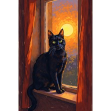 Gün Batımında Pencere Başı Kedi Sanatsal Kanvas Tablo