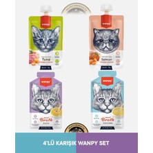 Wanpy Ton Balık - Tavuk - Havuç & Somon - Tavuk - Havuç Kedi Et Ezmesi Seti 2x90 gr + Wanpy Ördek Eti - Tavuk Eti Çorbası Kedi Ödül Maması Seti 2x50 gr  –  Kedi Ödül Maması Seti