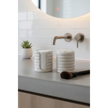 Marsel Dizayn Makyaj Pedi ve Kulak Çubuğu Düzenleyici Set - Banyo Düzenleyici - Mermer Beyazı Rengi - 8,5 cm