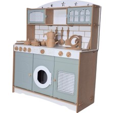 Yeşil Ham Ahşap Hayal Mutfağı Çaydanlık, Tencere ve Tava Seti