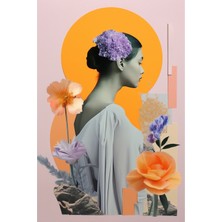 Turuncu ve Lila Detaylı Modern Çiçekli Kolaj Portre Kanvas Tablo