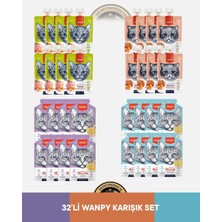 Wanpy Ton Balık - Tavuk - Havuç & Somon - Tavuk - Havuç Kedi Et Ezmesi Seti 16x90 gr + Wanpy Ördek Eti - Tavuk Eti Çorbası Kedi Ödül Maması Seti 16x50 gr  –  Kedi Ödül Maması Seti