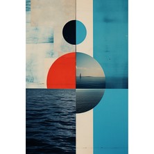 Mavi ve Kırmızı Tonlarda Geometrik Deniz Kolaj Soyut Kanvas Tablo