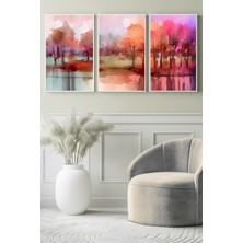 Pastel Tonlarda Suluboya Orman Manzarası 3’lü Kanvas Tablo
