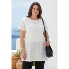 Stil Diva Büyük Beden Bisiklet Yaka Kısa Kollu Zikzak Desenli Astarsız Uzun T-Shirt 303994