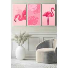 Pembe Flamingo Tropikal Yapraklar 3’lü Kanvas Tablo