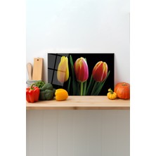 Renkli Laleler Cam Kesme Tahtası, Silikon Ayaklı, Sunum ve Doğrama Tablası