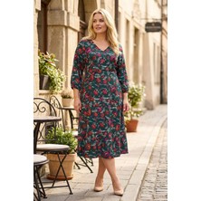 Stil Diva Büyük Beden V Yaka Çiçek Desenli Fakir Kol Midi Elbise 140422
