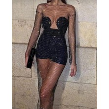 Çamaşır Kenti Kadın Siyah Kristal Taşlı File Elbise – Plaj ve Gece Şıklığı Için