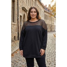 Stil Diva Büyük Beden Bisiklet Yaka Uzun Kollu Omzu File Detaylı Sweatshirt E11103