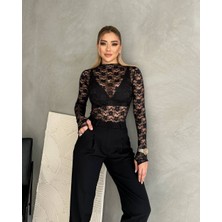 Merlavin Kadın Uzun Kollu Transparan Çıtçıtlı Bodysuit Bluz