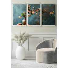 Vazo ve Şeftalili Çiçek Dalı 3’lü Kanvas Tablo