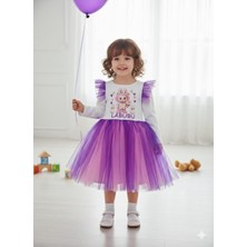 Mor Tüllü Uzun Kollu Labubu Kız Çocuk Doğum Günü Parti Elbisesi