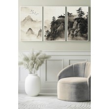 Sisli Dağlar ve Tapınak Silüeti 3’lü Kanvas Tablo