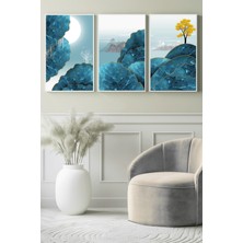 Mavi ve Altın Dağ Manzarası 3’lü Kanvas Tablo