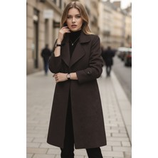 1Tarz Kadın Kaşe Kaban ve Kemer %100 Polyester Regular Kalıp Kahverengi Günlük Stil