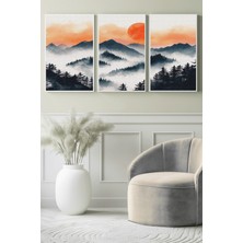 Turuncu Gün Doğumu Dağ Manzarası 3’lü Kanvas Tablo