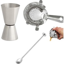 Feyza Design 3 Parça Bar Seti: Jigger, Süzgeç, Tokmaklı Bar Kaşığı, Ölçek