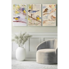 Sulu Boya Stilinde Dallardaki Kuşlar 3’lü Kanvas Tablo