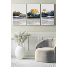 Soyut Altın Ağaç ve Dağ Yansıması 3’lü Kanvas Tablo