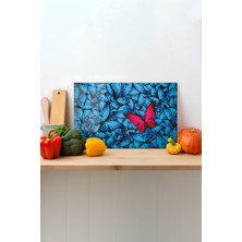 Mavi Kelebekler Cam Kesme Tahtası, Silikon Ayaklı, Sunum ve Doğrama Tablası