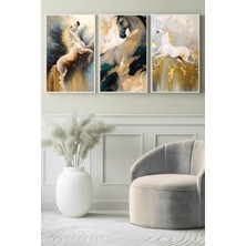 Altın Dokulu Soyut At Figürü 3’lü Kanvas Tablo