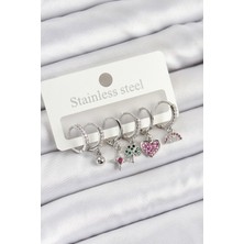 Dktt Pirinç Zirkon Taşlı Karpuz Yonca Kalp Pusula Karışık Model Gümüş Renk 6'lı Set Kadın Küpe - TJ-BKP10757