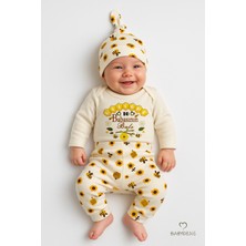 Babyden's Babasının Balı 3’lü Yenidoğan Takım %100 Pamuk Uzun Kol Body,çiçek Arı Desenli Ribana Pantolon,bere