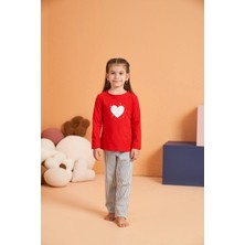 Pjs Kırmızı Desenli Sıfır Yaka Uzun Kollu Kız Çocuk Pijama Takımı