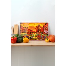 Şehir Temalı Cam Kesme Tahtası, Silikon Ayaklı, Sunum ve Doğrama Tablası