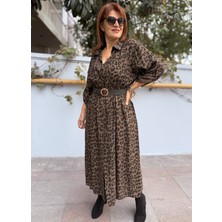 Italyan Belmando Leopar Elbise Kahve