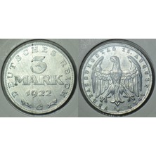 Banknoting Almanya 3 Mark 1922 G. Sirkülasyon Hatıra-Weimar Anayasası 3. Yılı.  28 mm Kapamada Çilaltı+