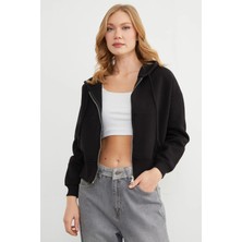 FullaModa Basic Fermuarlı Kapüşonlu Crop Sweatshirt