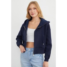 FullaModa Basic Fermuarlı Kapüşonlu Crop Sweatshirt