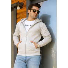 Franco Renzo Kapüşonlu Boydan Fermuarlı 3 Iplik Şardonlu Pamuklu Sweatshirt - Taş